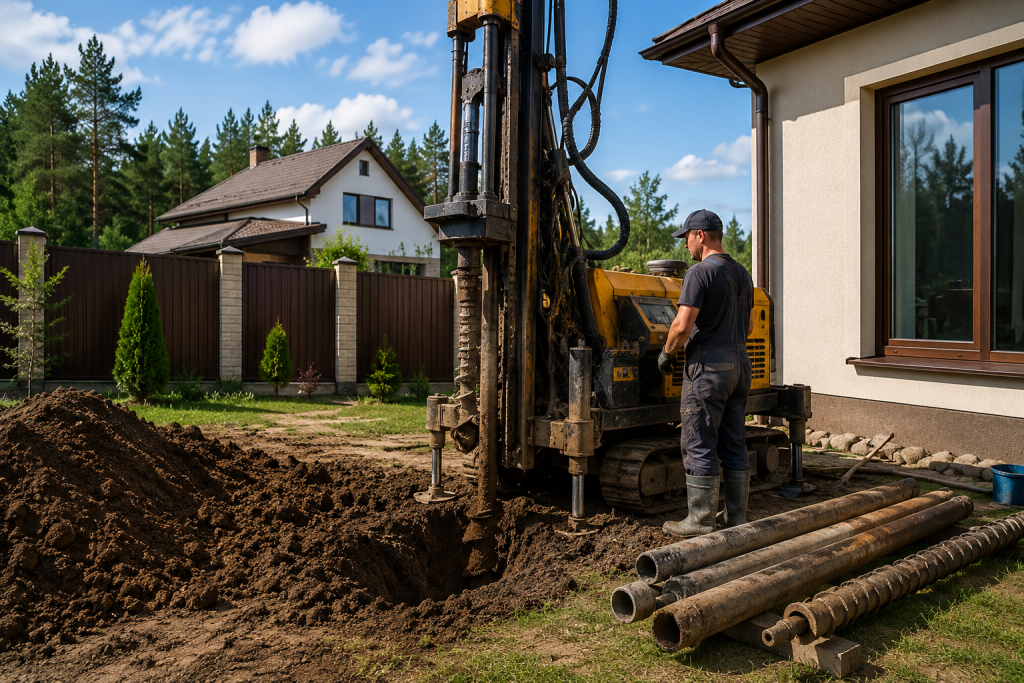 Робітник керує жовтою бурильною установкою під час буріння ґрунту на ділянці поруч із приватним будинком