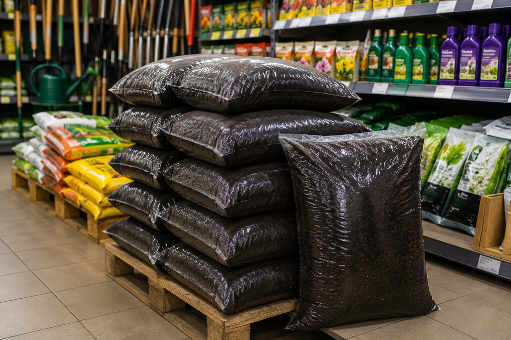 Мішки з чорноземом складені на піддоні в садовому магазині поряд із добривами, інструментами та іншими товарами для городу